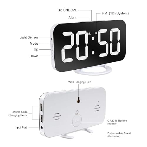 Lamisola White Digital Alarm Clock for Bedrooms, Large LED Mirror Despertador Digital Clocks, Nightstand Bedside Desk Table Clocks for Bedroom Office Living Room, USB Powered thumbnail 5