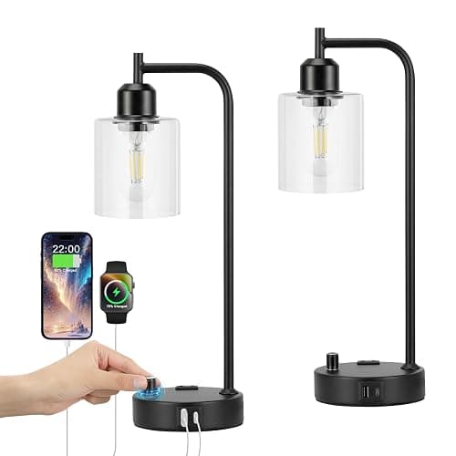 Industrial Nightstand Lamps for Bedrooms Set of 2 - Fully Dimmable Bedside Lamps with USB A C Ports and Outlet, Black Table Lamps with Clear Glass Shade for Living Room, Desk Lamps for Office Reading thumbnail 8