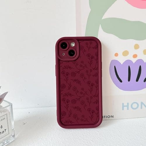 NITITOP Compatible with iPhone 14 Case Cute Flowers Floral Leaves Design for Women Girls Stylish Artistic Soft TPU Shockproof Protective Full Camera Protection Cover - Wine Red thumbnail 7