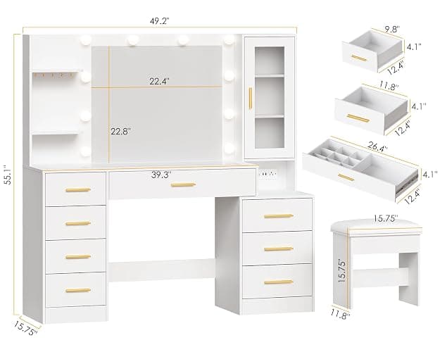 ANWBROAD 49.2" Large Vanity Desk with Mirror and Lights White Makeup Vanity Desk with Glass Top and Power Outlet 8 Drawers Nightstand 5 Hooks Vanity Table with Stool for Bedroom Women Girls UBDT88W thumbnail 2