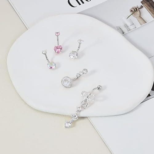 DAILI Gold Belly Button Ring,14G Surgical Stainless Steel Non Tarnish Belly Rings,Hypoallergenic Lightweight Pink Cute CZ Heart Bow Dangle Navel Piercing jewelry for Women thumbnail 4