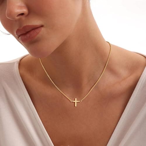CAROVO Dainty Cross Pendant Necklaces for Women 14K Gold Plated Cute Faith Cross Necklace Sideways Cross Necklace Minimal Everyday Jewelry Gift thumbnail 4
