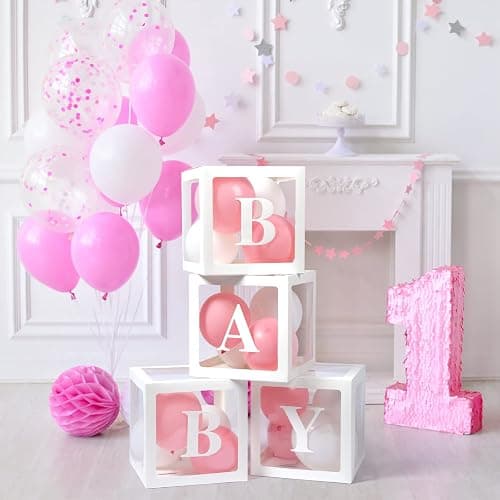 Voircoloria Baby Boxes with Letters, 4 Transparent Balloon for Gender Reveal Birthday Wedding Baby Shower Decorations (White) - White thumbnail 5