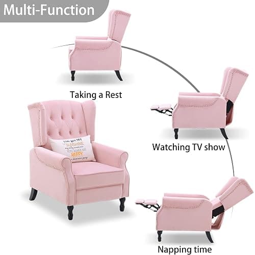 Altrobene Velvet Accent Chair, Push Back Recliner Chair, Wingback Arm Chair for Living Room/Bedroom/Home Theater/Reception Area, Pink thumbnail 8
