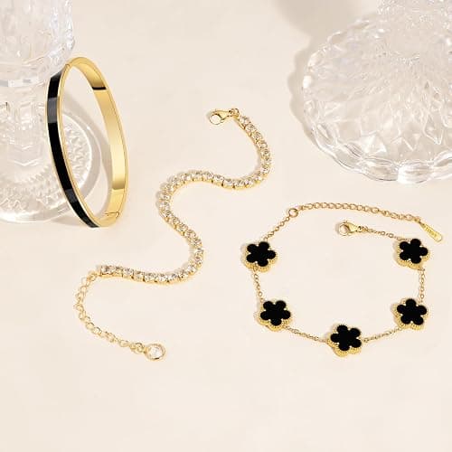 MOINSPIRE Gold Bracelets for Women, 18K Gold Plated Tennis Nail Clover love Bangle Bracelets Set Non Tarnish, Stainless Steel Trendy Stackable Bracelet Fashion Jewelry Accessories Gifts for Women thumbnail 4