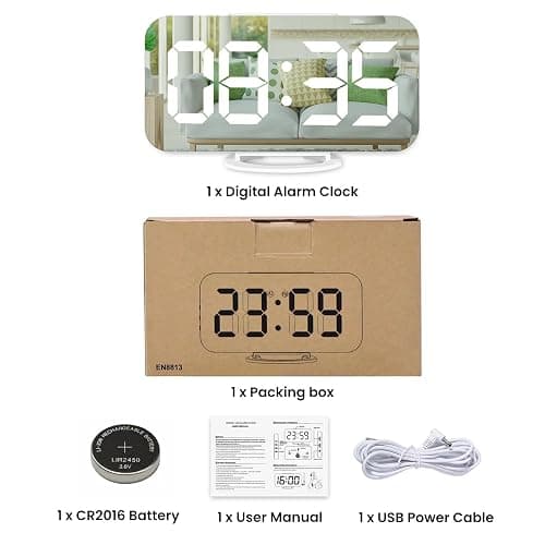 Muoigoe Digital Alarm Clock,Large Display LED And Mirror Desk Clock With Dual USB Charger Ports, 3 Levels Brightness,12/24H Alarm Clocks, Modern Electronic Clock for Bedroom Living Room Office - White - White thumbnail 8