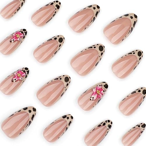 Leopard Hibiscus Press on Nails Medium Almond Fake Nails - Pink Flower False Nails Press ons with Gold Pearls Design Reusable Acrylic Nails Glossy Full Cover Stick on Nails for Women Manicure 24 Pcs - Style-28 - 1 Fl Oz (Pack of 24) thumbnail 2