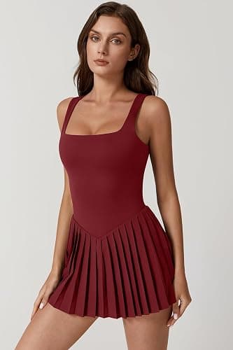 QINSEN Womens Square Neck Tennis Dress Pleated Sleeveless Built in Shorts Golf Athletic Dress with Pockets thumbnail 5