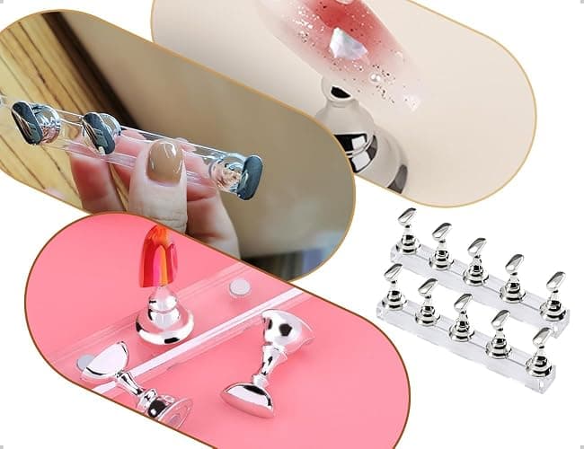 Emezddo 2 Stück Nagel Stander Set mit Transparenter Kleber,Acryl Nägel Selber Machen Set mit Magnet,Aufdrück Nail Tips Übungsständer für den Einsatz zu Hause,im Geschäft und im Salon(Silber) thumbnail 6