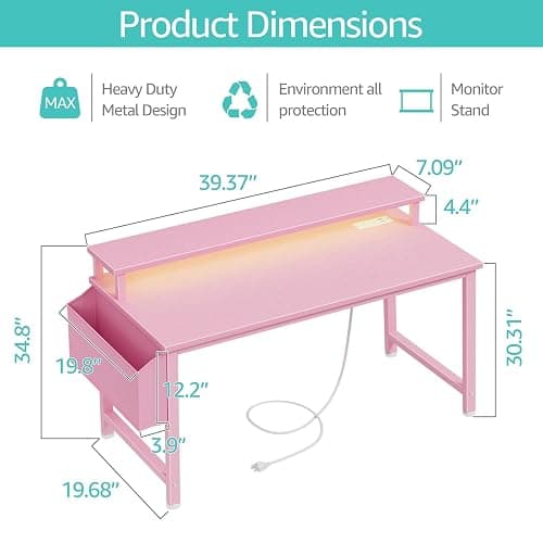 Lufeiya Girls Desk with Power Outlets and LED Lights, 40 Inch Gaming Desk Table with Charging Station, Home Office Computer Desks with Monitor, Pink thumbnail 3