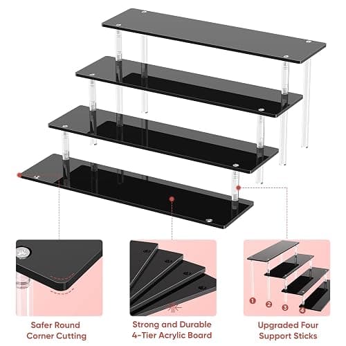 4 Tier Acrylic Display Risers, Black Perfume Organizer, Cupcake Stand | Large Dessert Display for Party, Display Shelf for Figure and Collection, Riser Stand for Decoration and Organizer, 2 Pack thumbnail 4