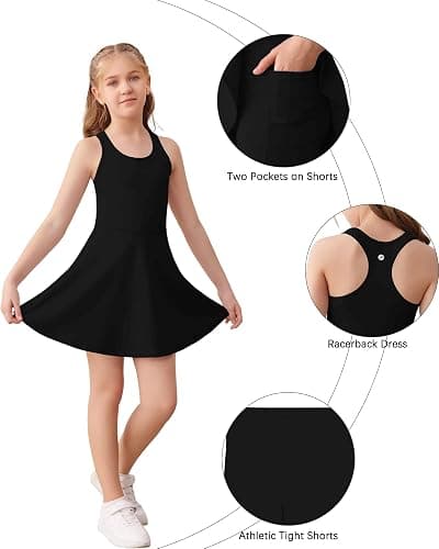 Haloumoning Girls Sleeveless Tennis Dress Kids Racerback Golf Dress School Sports Dresses Outfit with Shorts Pockets thumbnail 5
