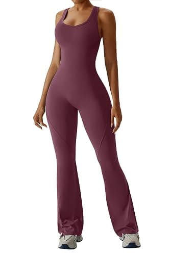 OEAK Womens Flare Jumpsuit with Bra Tummy Control Cutout Romper Workout Outfit Sleeveless Unitard One Piece Backless Bodysuit thumbnail 5