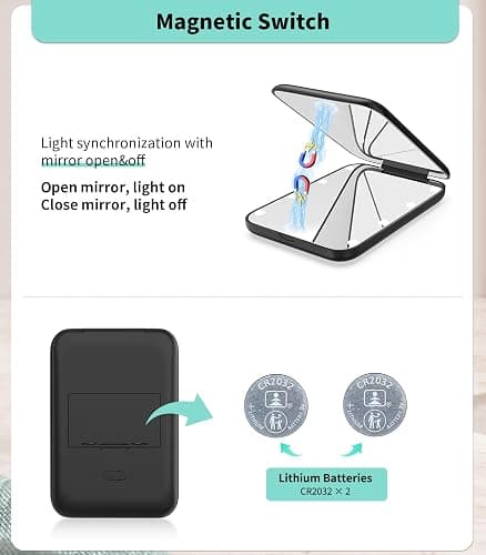 WOBSION Small Mirror with Lights,LED Compact Makeup Mirror,1x/3x Mini Travel Mirror with Magnification,Portable for Purse,Pocket,Gifts for Girls,Black thumbnail 6