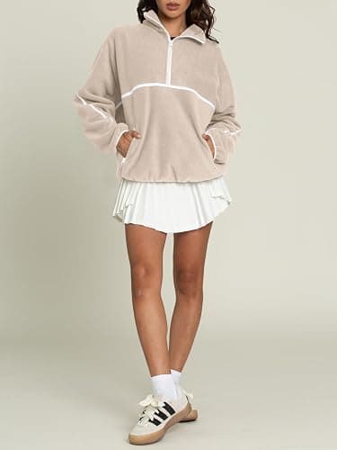 LASLULU Womens Half Zip Pullover Sweatshirt Sherpa Fleece Jacket Oversized Sweatshirts Warm Fuzzy Sweaters Pockets thumbnail 4