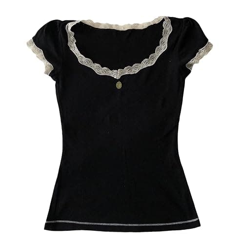 Y2K Fairy Lace Trim Top for Teen Girls Short Sleeve Slim Fit T-Shirts 2000s Tees Aesthetic Clothes - Image 1