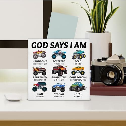 Christian Inspirational Sign God Says I Am Truck Wooden Sign Bible Verse Vehicle Car Decor for Teen Boy Room Playroom Home Bedroom Shelf 5 X 5 Inches thumbnail 2