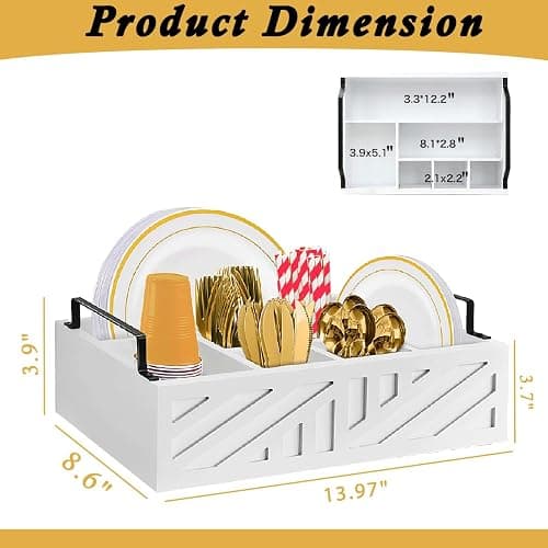 Ihdāt Paper Plate Dispenser, Paper Plate Holder for Kitchen Counter, Wood Rustic Silverware Utensil Caddy, Flatware Organizer with 6 Compartments- Plate Caddy for Picnic and Kitchen (White) thumbnail 3