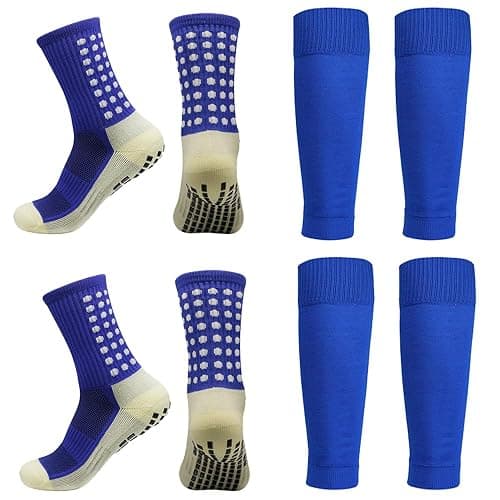 2 Set Anti-Slip Grip Soccer Socks with Shin Guard Sleeves, Sports Athletic Socks for Men Women - Image 1