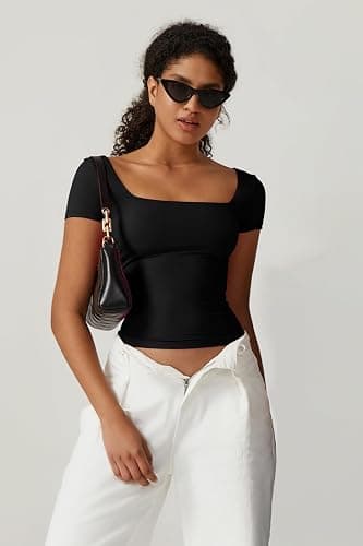 QINSEN Women's Square Neck Short Sleeve Double-Layer Tops Basic Slim Fit Going Out T Shirt thumbnail 4