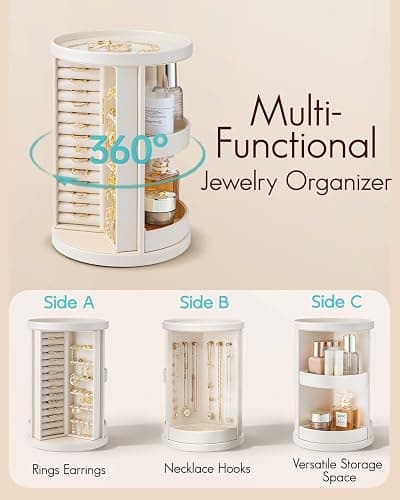 Vlando 360°Rotating Jewelry Box,Earring Organizer Large Vertical Jewelry Organizer with 6 Necklace Hooks, Open Ring Display Storage for Women - Cream White thumbnail 5