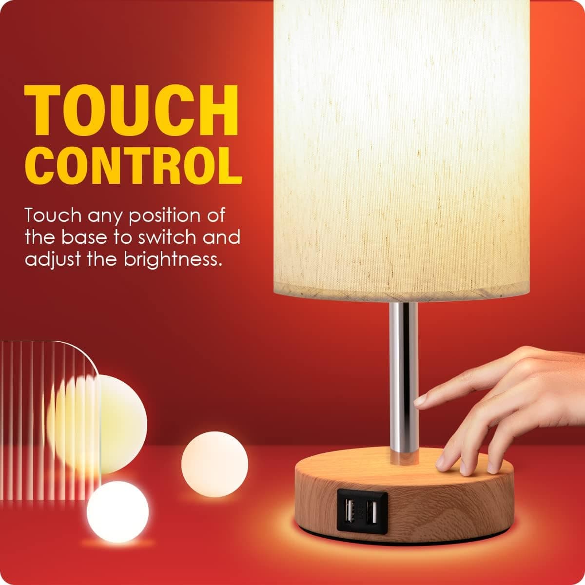 Yarra-Decor Bedside Lamp with USB Port - Touch Control Table Lamp for Bedroom Wood 3 Way Dimmable Nightstand Lamp with Round Flaxen Fabric Shade for Living Room, Dorm, Home Office (LED Bulb Included) thumbnail 5