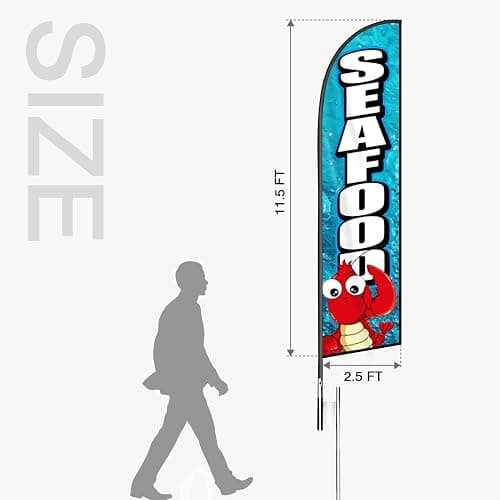 Seafood Feather Flag Banner - 11.5x2.5 Ft Advertising Swooper Flag for Outdoor Business and Events Promotion - Seafood Signs Windless Full Sleeve Banner for Restaurants, Diners, Markets (Only Flag) thumbnail 3