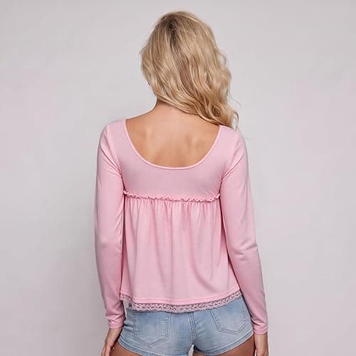 Womens Babydoll Top Y2K Long Sleeve Peplum Flowy Tee Shirt | 65% Cotton,Teen Girls Cute Baby Doll Shirts,Square Neck Button Front Henley T Shirt,Fairy Grunge Aesthetic Top thumbnail 5