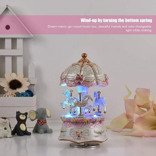 Carousel Music Box, Luxury Color Change LED Music boxes, Luminous Light 3-horse Rotating Windup Musical Christening Gifts for Girls thumbnail 4