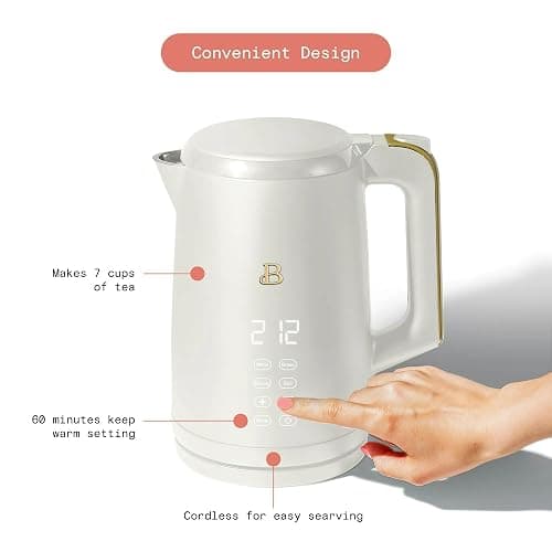 Beautiful 1.7-Liter Electric Kettle 1500W - Fast Boiling Stainless Steel Water Kettle with 4 Temperature Presets for Tea & Coffee - Cordless with Touch Display. Kitchen Appliances (White Icing) thumbnail 7