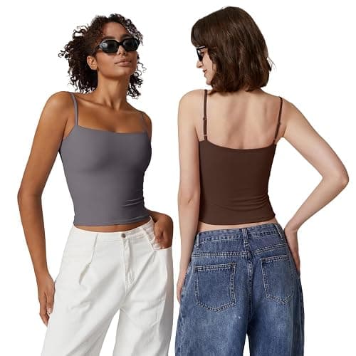 QINSEN Women's Double Lined Basic Tank Top Adjustable Spaghetti Straps Sleeveless Camisole Shirts thumbnail 5