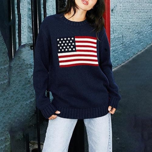 Women American Flag Sweater Long Sleeve Crew Neck Loose Fit Knit Pullover Tops USA Casual Loose Pullover Sweater thumbnail 4