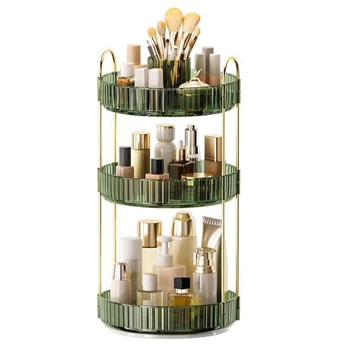 360° Rotating Makeup Organizer, Upgraded 3 Tier Skincare Perfume Organizers for Women, Bathroom Organizer Countertop, Clear Cosmetic Dresser Organizer with Makeup Brush Holder, Sink&Counter (Green) - Image 1
