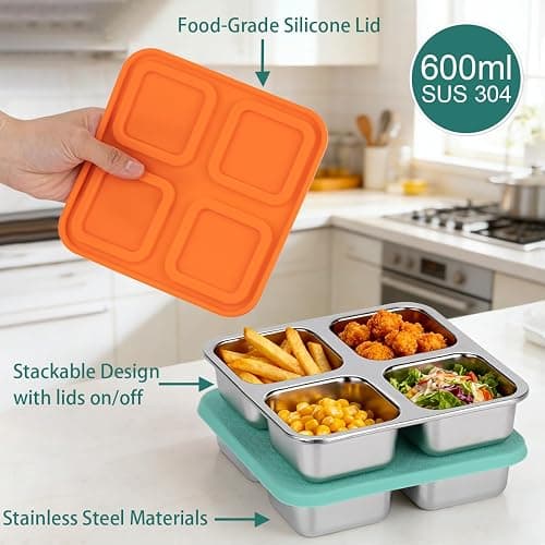 SUMERX 2 Pack Snack Box Containers Set, Stainless Steel 4 Compartment Lunchable Container, Reusable Food Storage Containers with Lids for Travel, Outdoor, Camping, Work(Orange/Blue) thumbnail 2