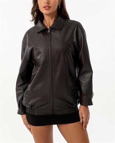 hathne Women's Oversized Leather Jackets Faux Zip Up Fall Fashion Motorcycle Jackets Coats Winter Clothes thumbnail 4