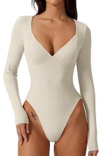 QINSEN Women's Long Sleeve Bodysuit V Neck Body Suits Seamed Cup Going Out Tops Shirt - Image 1