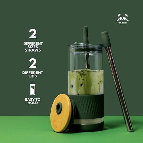 Pandaloo® Glass Cups With Lids and Straws -20 Fl Oz- Perfect Size Iced Coffee Cup - Smoothie Cup With Bamboo Lid and On the go Lid - Glass Tumbler With Straw (1 Count (Pack of 1), Tender Pink) thumbnail 6
