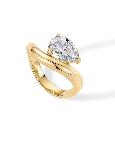 PAVOI 14K Gold Plated Wavy Engagement Ring for Women | Solitaire Cubic Zirconia Wedding Band & Promise Rings for Her | Trendy Fashion Jewelry thumbnail 3
