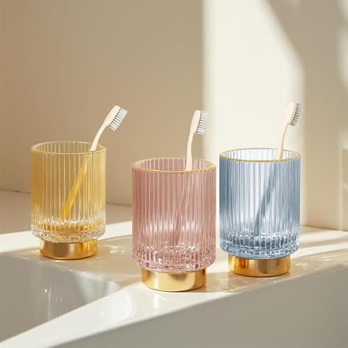FullMeet Makeup Brush holder Organizer, Crystal Glass Toothbrush Holders, Striped Make Up Brush Holder for Vanity, Pen Holder for Desk, Vase -White (S+L) thumbnail 6
