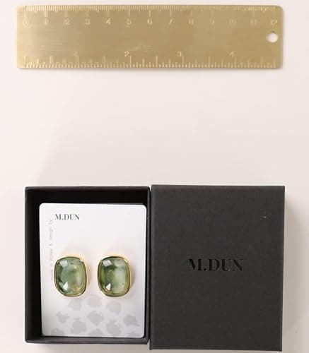 M.DUN- Round Edges Rectangle Shape Studs Earring. Abalone Amber Turquoise Resin Stone Design, 18k Real Gold Plated Bezel, Hypoallergenic Gorgeous Gift for Women thumbnail 6