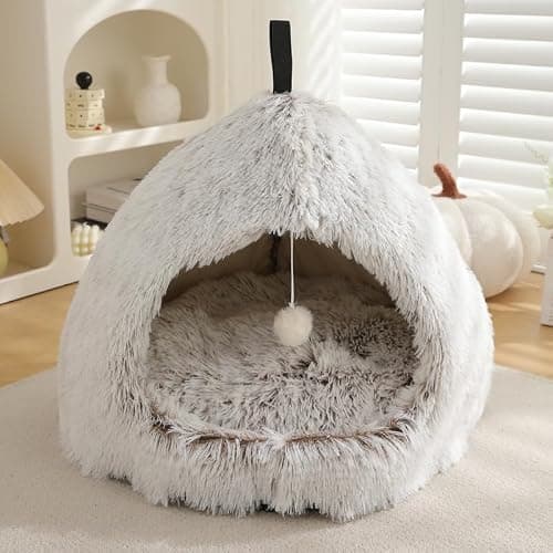 Hezotco Large Cat Cave Bed for Cats, Soft Fluff Indoor Dog Cave Bed& Cat Cave for Small Dogs. Pet Cave for Puppy with Cat Teasing Ball 22.8"*18.5"*22.8"(Coffee+White) - Image 1