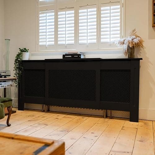 Jack Stonehouse Extra Large Radiator Cover Black Paint - Over Radiator Shelf Clip On With Diamond Slats - Sturdy MDF Wooden Radiator Covers For Bedroom Or Living Room Furniture - Slim Radiator Cover - Image 1
