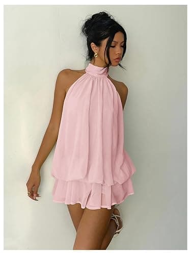 Verdusa Women's Chiffon Halter Drop Waist Wedding Guest Dresses Ruffle Summer Loose Fit Mini Dress Brunch Outfits thumbnail 7