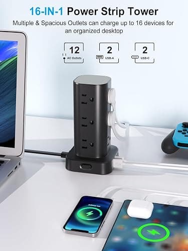 6FT Power Strip Tower Surge Protector, 12 Wide Spaced Outlets, 4 USB | 16-in-1 Desktop Charging Station with 2USB-C,2USB-A, Flat Plug, 6FT Cord, 1800J Surge Protection for Home Office, Dorm Black thumbnail 2
