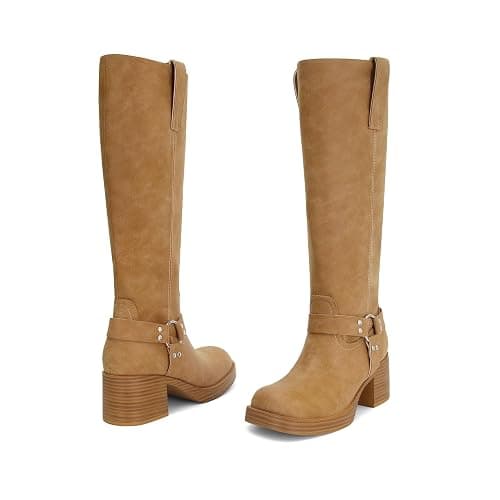 Dsevht Leather Knee High Chunky Platform Heeled Long Boots for Women: Round Toe GoGo Riding Motocycle Boots thumbnail 5