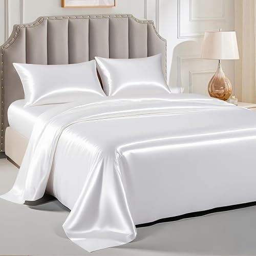 FreshCulture Satin Sheets Queen Size Bed Set- 4 Piece Luxury Soft Silky Queen Sheet Set, Similar to Silk Bed Sheets with 1 Deep Pocket Fitted Sheet, 1 Flat Sheet & 2 Pillowcases (White) - Image 1