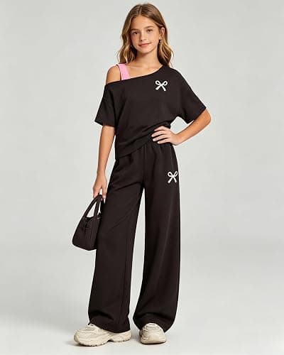 Kxuryueo Teen Girls Clothes Off the Shoulder Top and Wide Leg Pants Matching Outfit Set with Pockets Size 7-16 thumbnail 5