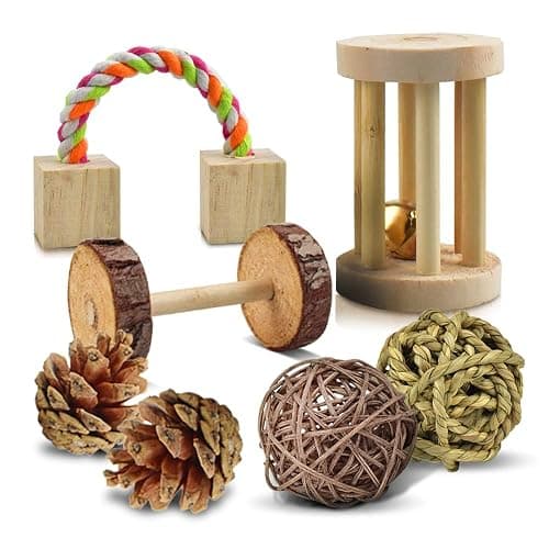 ERKOON Hamster Chew Toys 12 Pack Gerbil Rat Guinea Pig Chinchilla Toys Accessories, Natural Wooden Dumbbells Exercise Bell Roller Teeth Care Molar Toy for Hamster Rabbits Parrot Syrian thumbnail 3