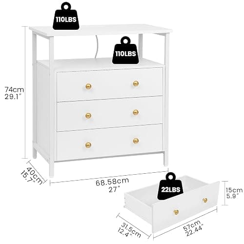 Edbuosy 3 Wooden Drawers Night Stand, 27 Inch Wide Nightstand with Charging Station and Adjustable Drawers, Small Dresser for Closet, Bedside Table for Living Room/Bedroom/Office, White. thumbnail 3