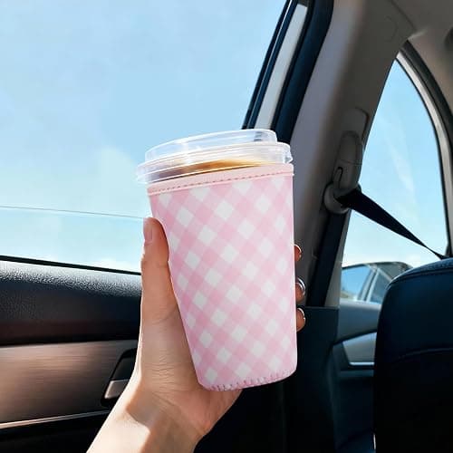 Reusable Insulated Sleeve for Iced Coffee Cup, 3-Pack Coffee Neoprene Drink Sleeve for Cold & Hot Drinks, Beverage Holder for Iced Coffee (Pastel Gingham Set) thumbnail 4
